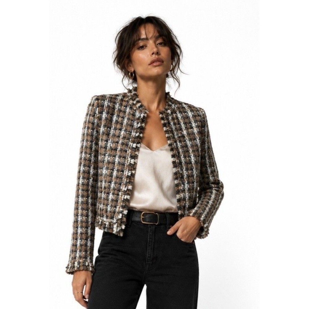 Elie by Elie Tahari M Tweed Fringe Jacket Brown Black Ivory Open Front Blazer